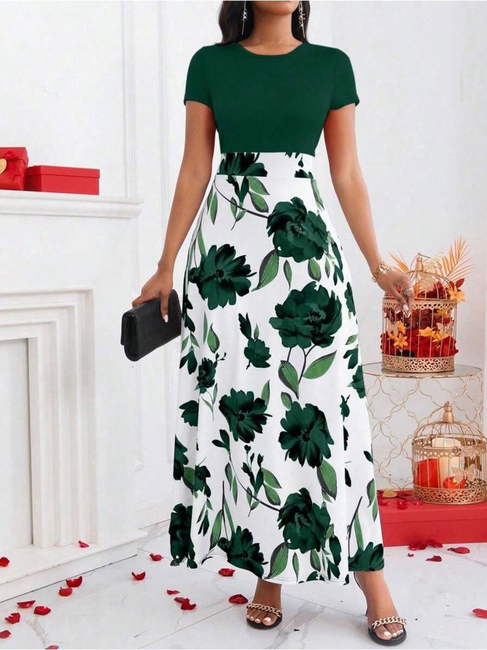 Green & White Floral Short-Sleeve Maxi Dress
